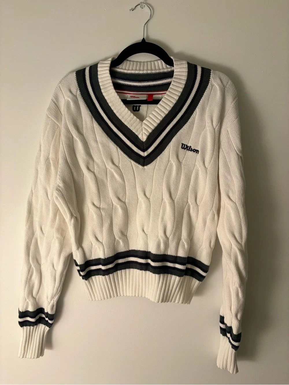 Wilson Cream Cable-Knit V-Neck Sweater with Navy Trim